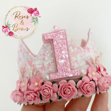 Load image into Gallery viewer, Pink and white birthday crown - glitter party hat - cake smash prop - birthday accessory
