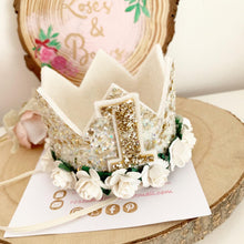 Load image into Gallery viewer, Ivory birthday crown - glitter party hat - cake smash prop - birthday accessory
