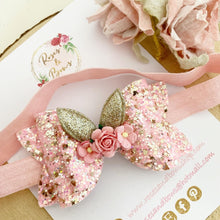 Load image into Gallery viewer, Pink Bunny Ears Glitter Hair Bow Headband or Clip - Pink Sequin Bunny Rabbit Ears Hair Bow
