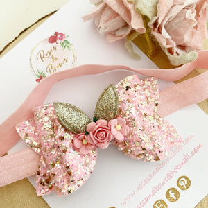 Pink Bunny Ears Glitter Hair Bow Headband or Clip - Pink Sequin Bunny Rabbit Ears Hair Bow