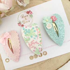 flower glitter heart scalloped snap clip set