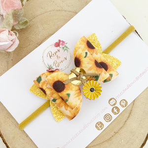 Sunflower charm Glitter Hair Bow Headband or Clip