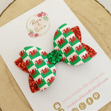 Load image into Gallery viewer, Welsh Flag St David’s Day Leatherette and Glitter Bow Headband or Clip
