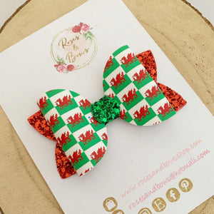 Welsh Flag St David’s Day Leatherette and Glitter Bow Headband or Clip