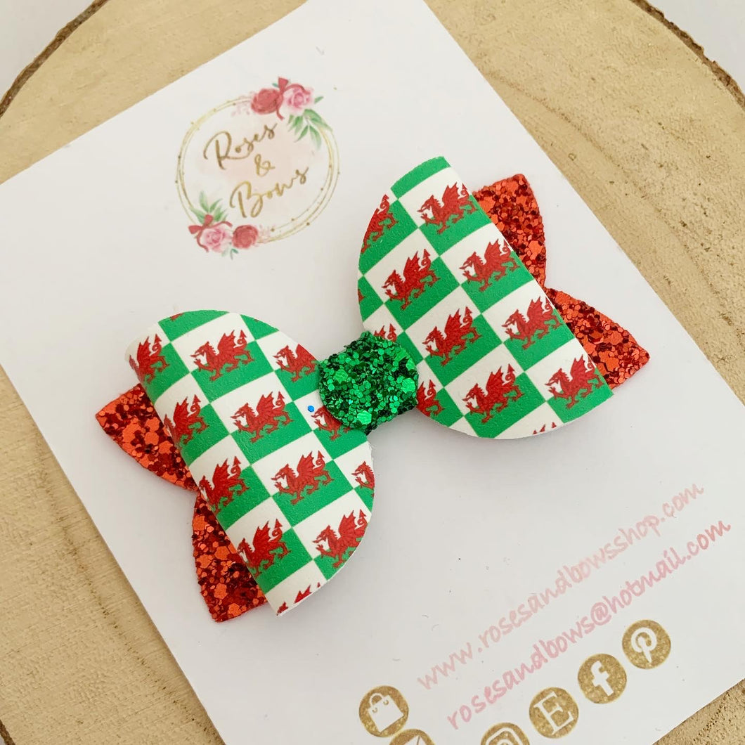 Welsh Flag St David’s Day Leatherette and Glitter Bow Headband or Clip