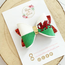 Load image into Gallery viewer, Welsh Flag St David’s Day Embroidered Leatherette and Glitter Bow Headband or Clip
