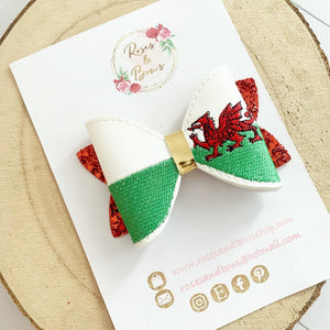 Welsh Flag St David’s Day Embroidered Leatherette and Glitter Bow Headband or Clip