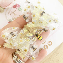 Load image into Gallery viewer, Bee Transparent and Glitter Hair Bow Headband or Clip
