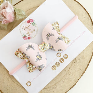 Pink Bee Glitter Hair Bow Headband or Clip