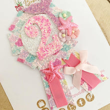 Load image into Gallery viewer, Mermaid Rainbow Glitter Number Birthday Badge
