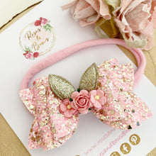 Load image into Gallery viewer, Pink Bunny Ears Glitter Hair Bow Headband or Clip - Pink Sequin Bunny Rabbit Ears Hair Bow
