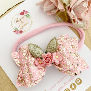 Pink Bunny Ears Glitter Hair Bow Headband or Clip - Pink Sequin Bunny Rabbit Ears Hair Bow