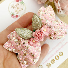 Load image into Gallery viewer, Pink Bunny Ears Glitter Hair Bow Headband or Clip - Pink Sequin Bunny Rabbit Ears Hair Bow
