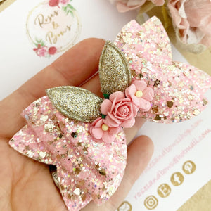Pink Bunny Ears Glitter Hair Bow Headband or Clip - Pink Sequin Bunny Rabbit Ears Hair Bow