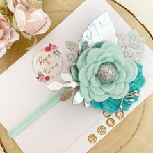 Load image into Gallery viewer, Felt flower clip or headband - aqua and silver flower headband
