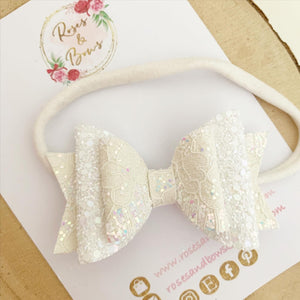 Ivory white lace glitter Hair Bow Headband or clip