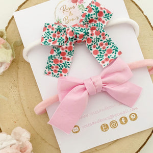 Pink Cotton Tie Bow Headband or Clip Set
