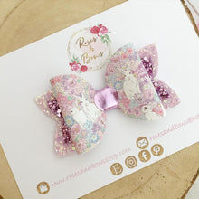 Load image into Gallery viewer, Floral Bunny Glitter Hair Bow Headband or Clip - Pink Sequin Bunny Rabbit Ears Hair Bow
