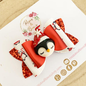 Christmas Red Penguin Hair Bow Clip or Headband