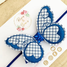 Load image into Gallery viewer, Royal blue School Gingham butterfly Hair Bow Headband or Clip
