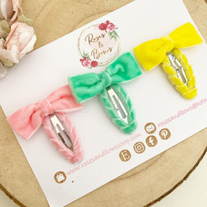 Velvet snap clip set - fringe clip set pink, mint and yellow