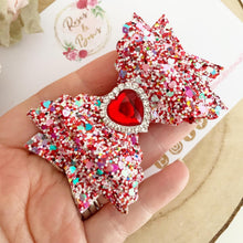 Load image into Gallery viewer, Red Glitter Rhinestone Heart Valentine’s Day Hair Bow Headband or Clip
