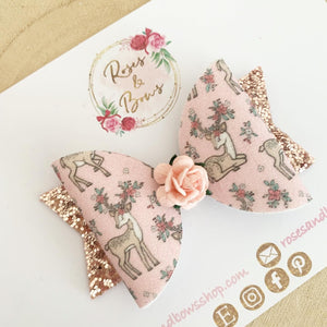 Pink reindeer Glitter Hair Bow Headband or Clip