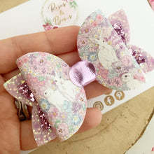 Load image into Gallery viewer, Floral Bunny Glitter Hair Bow Headband or Clip - Pink Sequin Bunny Rabbit Ears Hair Bow
