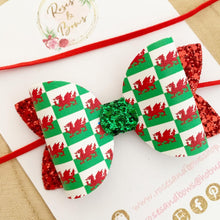 Load image into Gallery viewer, Welsh Flag St David’s Day Leatherette and Glitter Bow Headband or Clip
