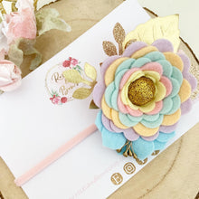 Load image into Gallery viewer, Felt flower clip or headband - rainbow and gold flower headband
