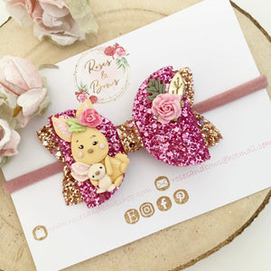 Bunny Gold and Pink Hair Bow Headband or Clip