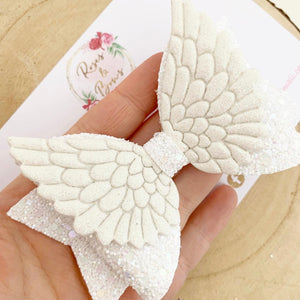 Angel Wings White Glitter Hair Bow Headband or Clip