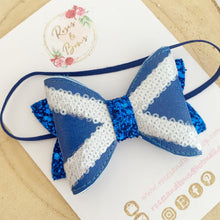 Load image into Gallery viewer, Scottish Flag St Andrews Burns Night Embroidered Leatherette and Glitter Bow Headband or Clip
