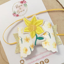 Load image into Gallery viewer, Daffodil embroidered Felt Leatherette and Glitter Bow Headband or Clip
