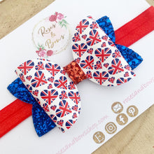 Load image into Gallery viewer, Coronation Union Jack Glitter Bow Headband or Clip
