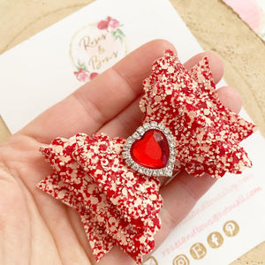 Valentines Red and Pink Heart Glitter Hair Bow Headband or Clip