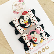Load image into Gallery viewer, Penguin pigtail bows- piggy bows - clip set - Christmas glitter bows
