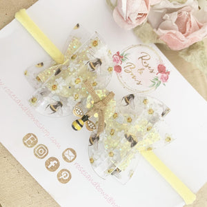 Bee Transparent and Glitter Hair Bow Headband or Clip