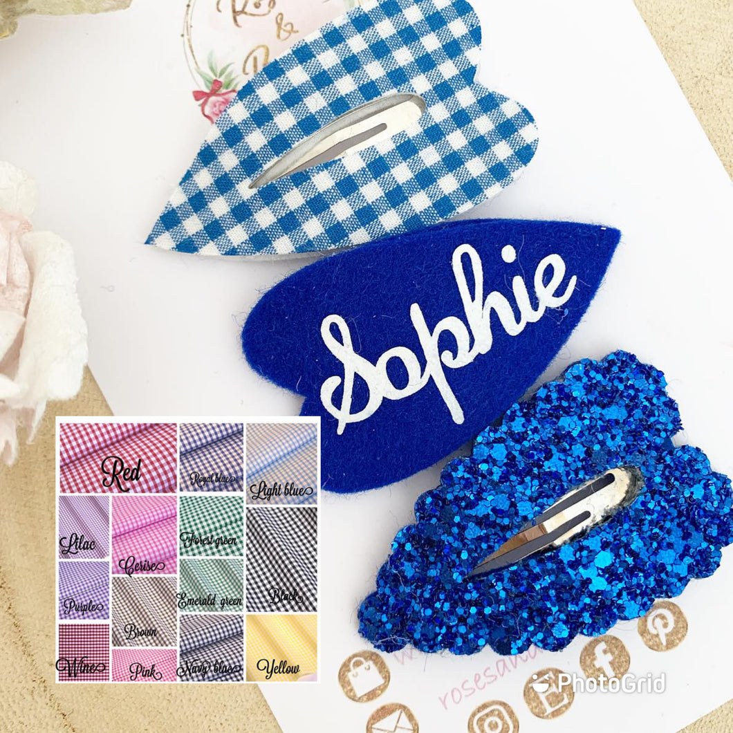 Personalised school gingham and glitter scalloped snap clip set