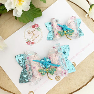 Dragonfly Transparent and Glitter Hair Bow Headband or Clip