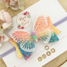 Load image into Gallery viewer, Bright Rainbow Glitter Butterfly Bow Headband or Clip
