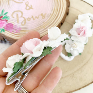 White and pink rose flower headband or clip