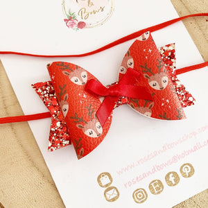 Red reindeer Hair Bow Headband or Clip