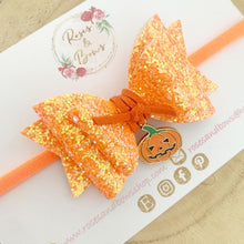 Load image into Gallery viewer, Orange Pumpkin Glitter Hair Bow Headband or Clip
