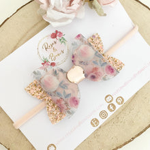 Load image into Gallery viewer, Blush and Rose Gold Transparent and Glitter Floral Hair Bow Clip or Headband

