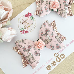Pink reindeer Glitter Hair Bow Headband or Clip