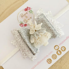 Load image into Gallery viewer, White and Silver Christmas Tree Hair Bow Clip or Headband
