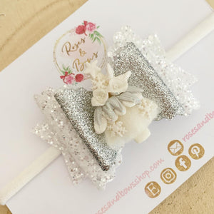 White and Silver Christmas Tree Hair Bow Clip or Headband
