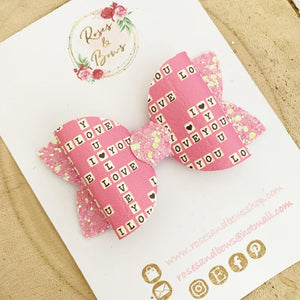 Pink Scrabble Leatherette and Glitter Bow Headband or Clip