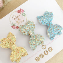 Load image into Gallery viewer, Blue, Green and Lemon Glitter First clip set / Fine Hair Clip Set
